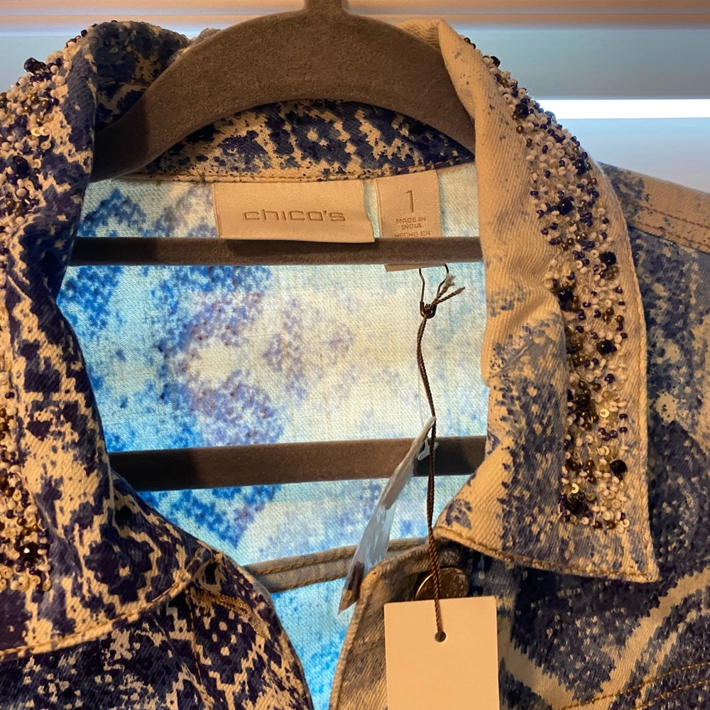 Chico’s Women’s Size 14 Beaded Embroidered Denim Blue Jean Jacket NWT